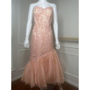 Vtg 50's Pink Tulle lace Cupcake Strapless Party Dress Gown Prom Sweetheart 38”